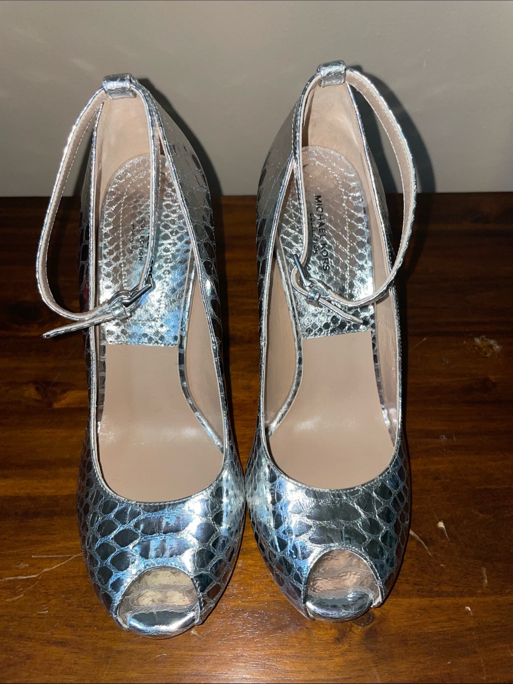 Silver Metallic Python Embossed Michael Kors Collection Peep-Toe Pump